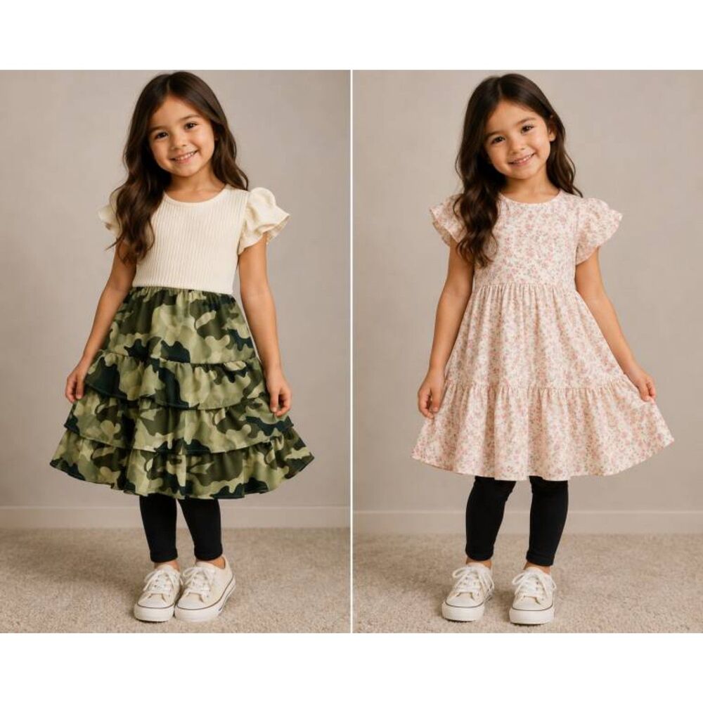 Girls Sz 6 Lot 2 Dresses Camo Tiered Ruffle & Floral Puff Sleeve Boho